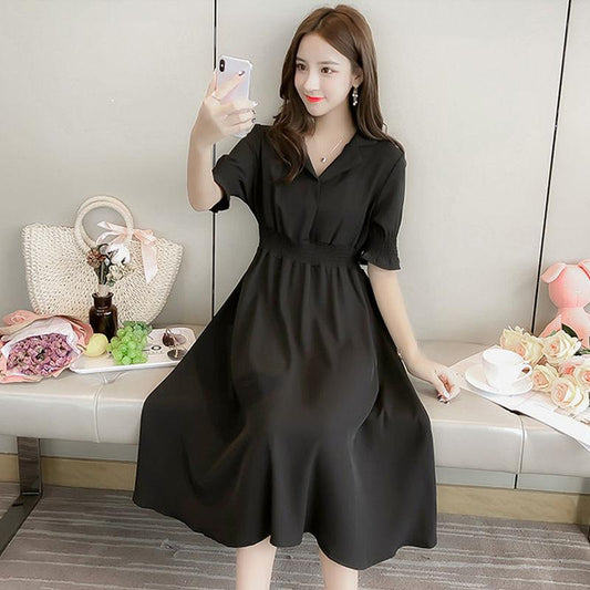 Female Simple and Elegant Chiffon Dress Slim Mid Length Waist Solid Lace V-neck Graceful Dress