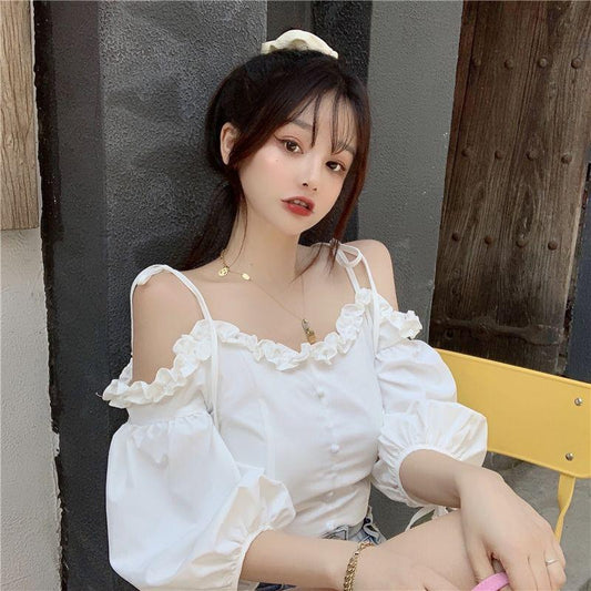 Women - on Shoulder Shoulders Short Solid Color Strap Waist Summer New Korean Design Sense