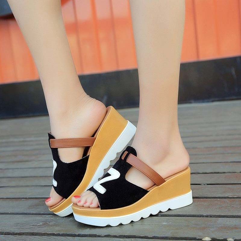 Fish Mouth Sandals and Slippers Women's Summer Frosted Leather Color Matching Thick-soled Sponge Cake Lazy One-word Drag Wedge High-heeled Sandals