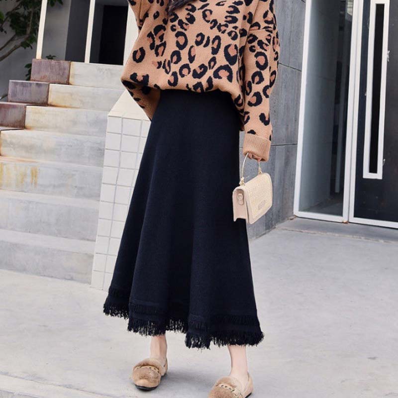 Women's Autumn and Winter Fashion Warm Knitted Skirt Mid-length Woolen Skirt Thick A-line Skirt Long Skirt