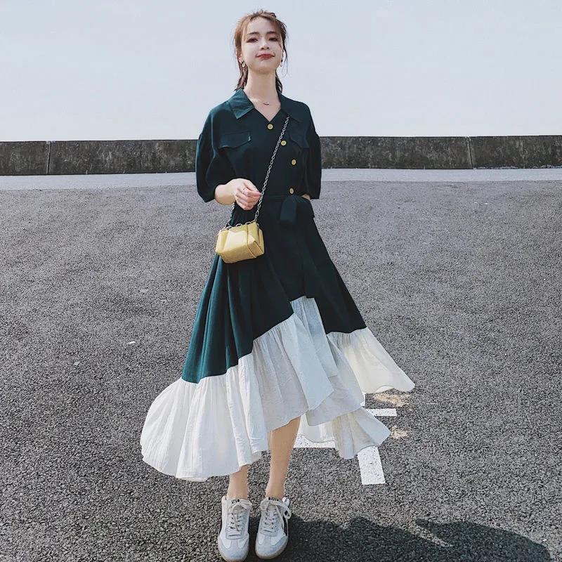 Mid-calf S-XL T-shirt Dress with Belt Loose Turn-down Collar Casual Irregular Ruffle Hem Dress