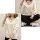 Winter Women Sweater Long Sleeve Solid Color Cutout Casual Pullover Loose V Collar  Ladies Sweater