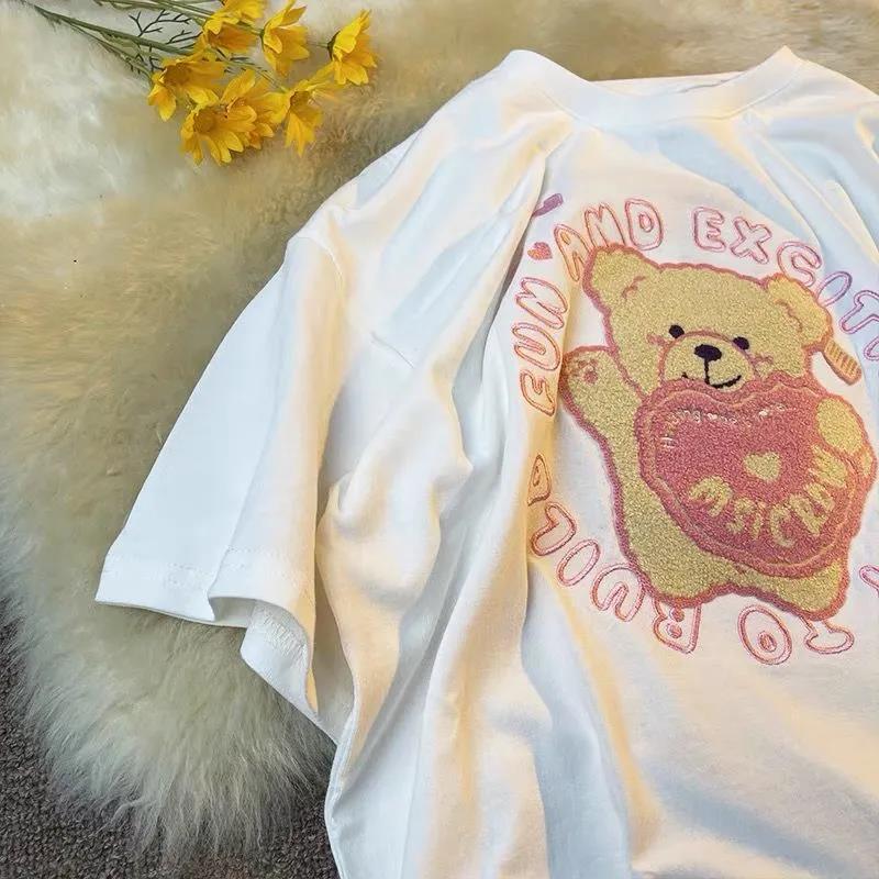 Women Round Collar Summer Cartoon Embroidery Loose Short Sleeve Casual Simple All-match T-Shirt