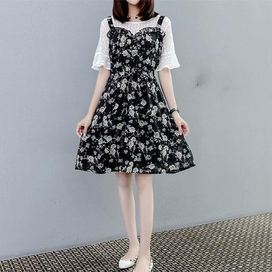 Bohemian Floral Dress Plus Size Women Summer Slim Flare Sleeve Dress Midi Dress Fake Two-piece Dress