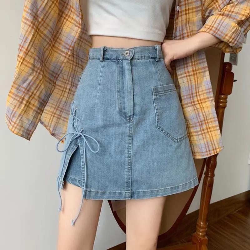 Women Sexy Sweet Solid Split Denim Skirt High Waist Above Knee Hip Skirt Casual Club Home Office