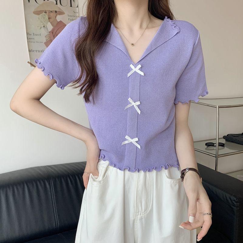 V-neck Short-sleeved T-shirt Women's Summer Slim Short Fungus Edge Knitted Sweater Ice Silk Thin Top