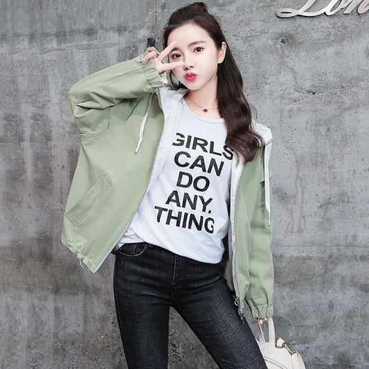 Spring and Autumn Loose Leisure All-match Sports Cardigan Windbreaker Hooded Female Coat