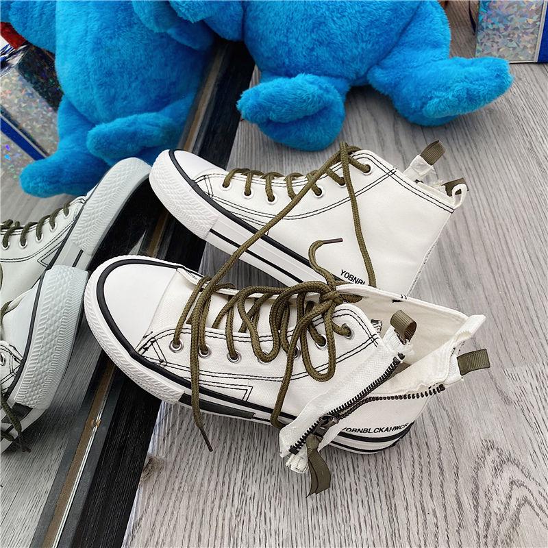 Men High Top Canvas Shoes Lace-up Sneakers Unisex Casual Shoes with Side Zipper Classic Retro Style Black High Quality Female