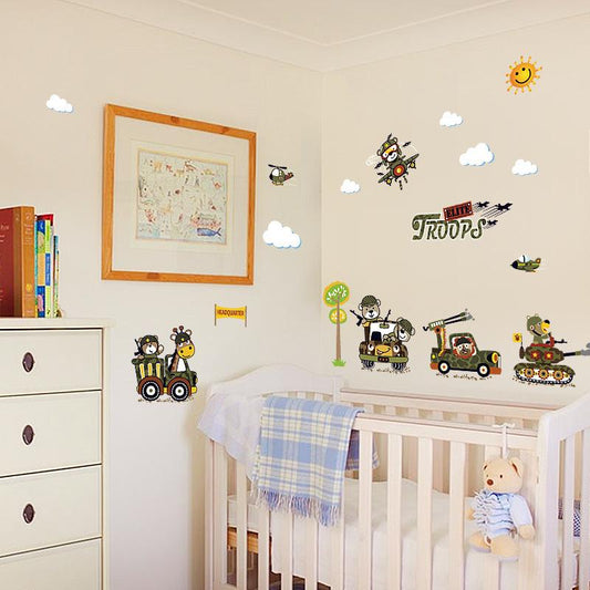 Cartoon animal soldier children's holiday birthday gift can come to map wall stickers mural