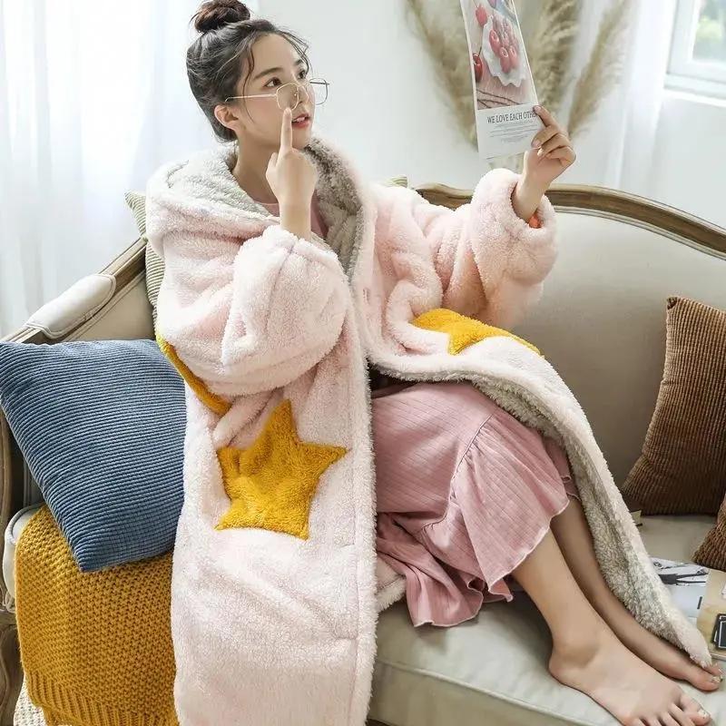 Women's Winter Long Hooded Nightdress Coral Velvet Nightgown Large Size Bathrobe Star Plus Velvet Thickening Home Wear Ladies Pajamas