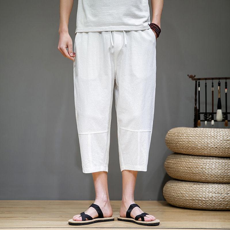 Linen Shorts Men's Loose Eight-quarter Pants Summer Thin Cotton and Linen Large Size Wide-leg Casual Harem Pants