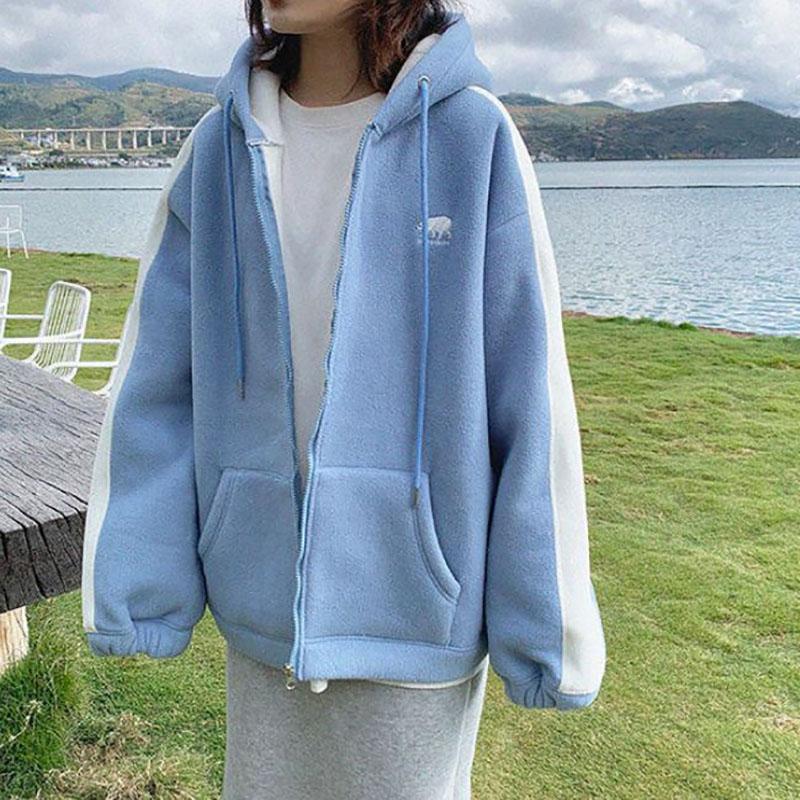 Winter Ladies Polar Fleece Jacket Fashion Korean Thick Embroidered Hooded Zipper Jacket Suitable for Young Women