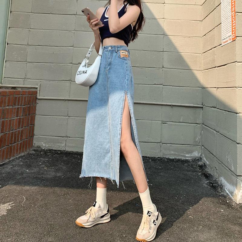 Denim Skirt Long Skirt Women Solid Split  High Waist Over The Knee Hip Skirt Casual Club Home Office