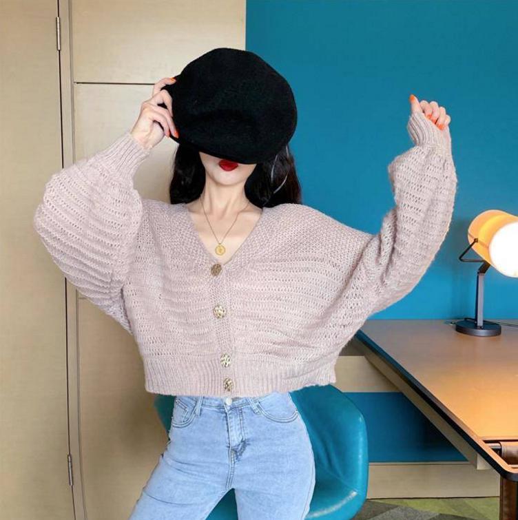 Pofulove lazy wind sweater female loose student wild long-sleeved cardigan hollow knitted jacket