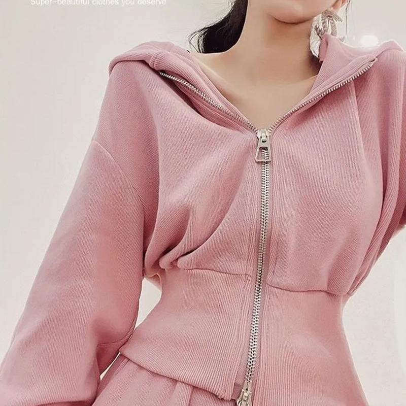 Women Hoodies Hooded Sweatshirts Zippers Tops Pink Loose Casual Clothes Oversized Harajuku Tracksuit Hoodies Suit Sweatshirts Set