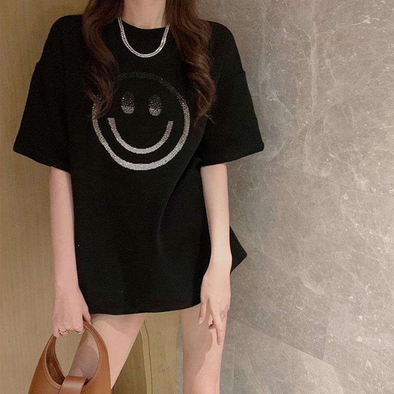 Cotton Mid-length Short-sleeved T-shirt Women's Korean Version Drill Loose Temperament All-match Trend