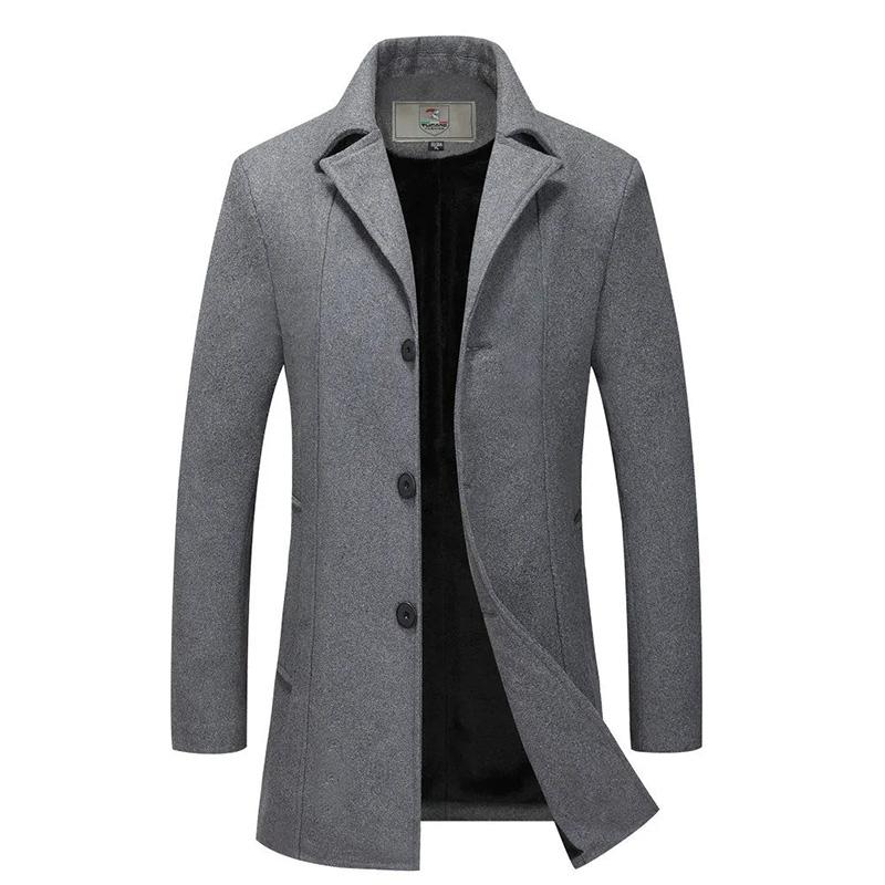 Men's Autumn and Winter Thick Woolen Coat Mid-length Slim Business Coat Winter Single-breasted Wool Trench Coat Solid Casual Suit Collar Warm Outfit