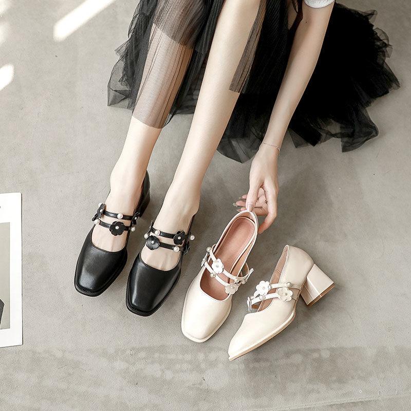 French Girl Single Shoes Small High Heels Thick Heels Retro  Gentle Mid-heel All-match