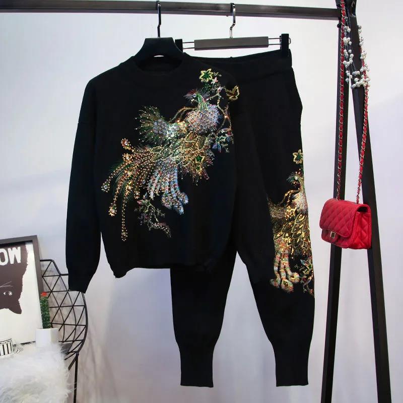 Women's Casual Sports Suit Two-piece Pants Spring and Autumn Embroidery Sequins Velvet Plus Size