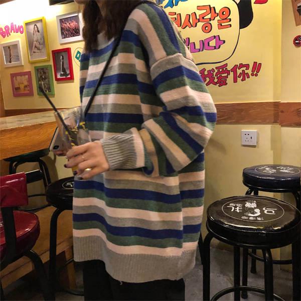 Colorblock striped round neck sweater female student autumn and winter lazy wind loose sweater