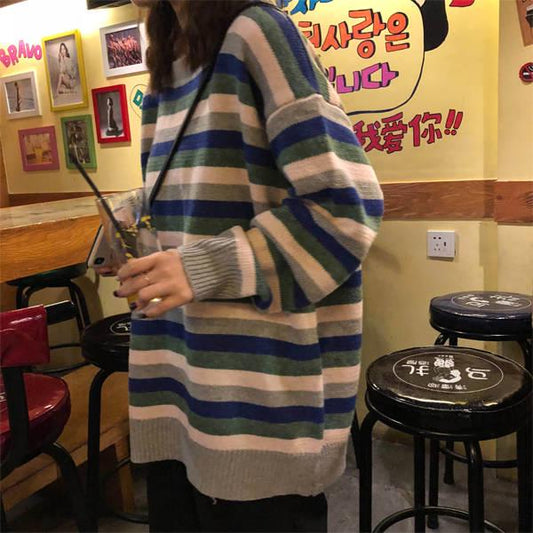 Colorblock striped round neck sweater female student autumn and winter lazy wind loose sweater