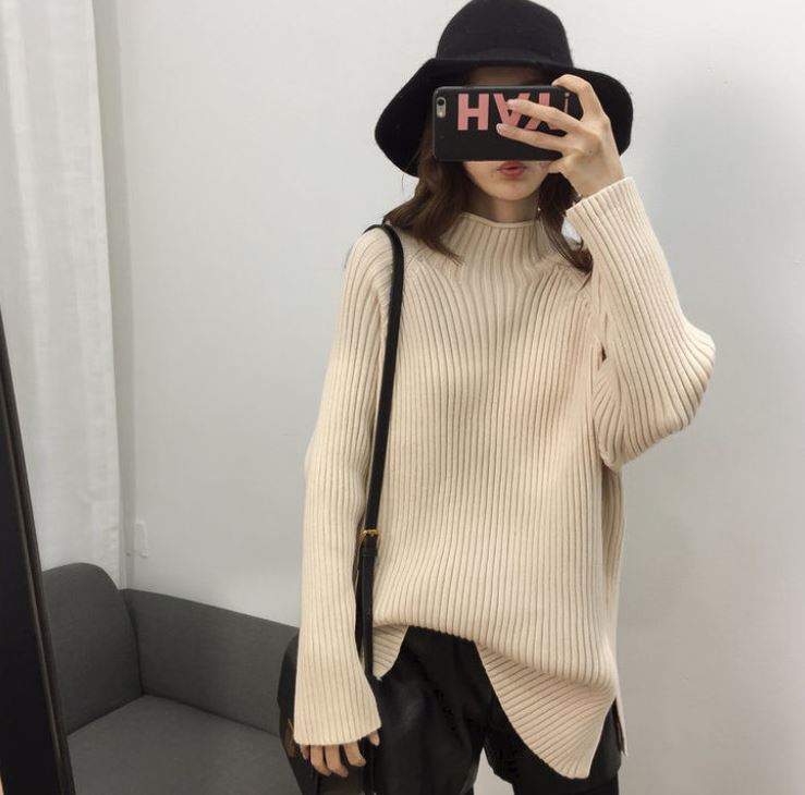 Korean Style Fashion Loose Half Turtleneck Sweater Women's Solid Color Large Size Mid Length Knit Sweater