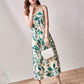 Female Green Leaf Print Satin Suspender Dress Vintage Elegant Slim Backless Long Holiday Dress