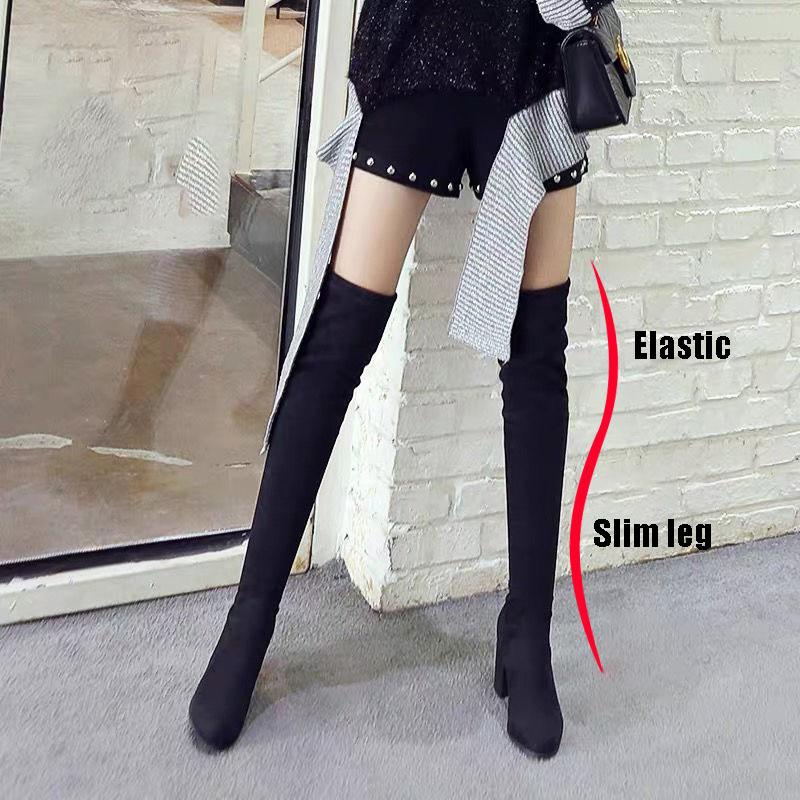 Black Elastic Flock Slim Fit Over The Knee Boots Women Autumn Winter Ladies High Heel Plus Velvet Thigh High Boots Chunky Heel Suede Boots