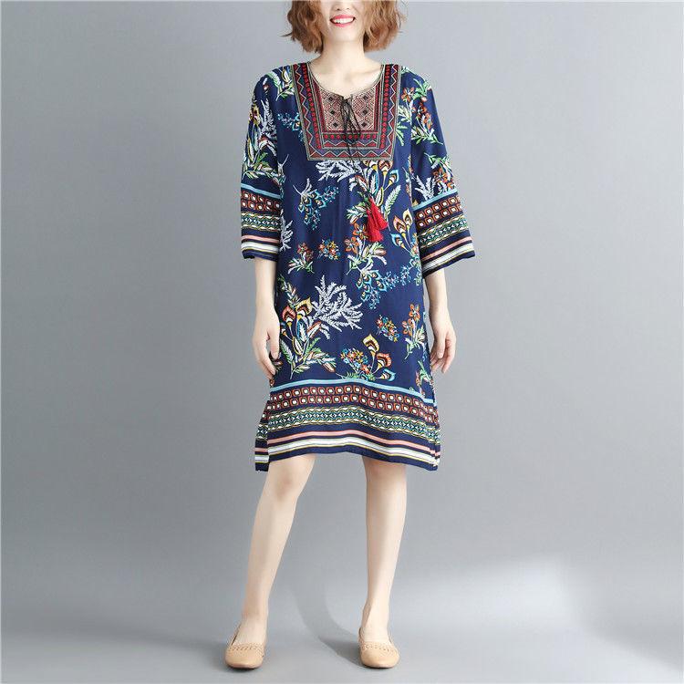 Printing  M-XXXL Printed Round Neck Dress Women Loose Plus Size Summer Polyester Short-sleeved Knee-length A-line Dress