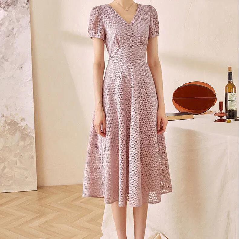 Women Summer Elegant Dress Vintage High Waist Short Sleeve Party Dress Slim Office V-neck Lace hollow Out Mid-length Dress