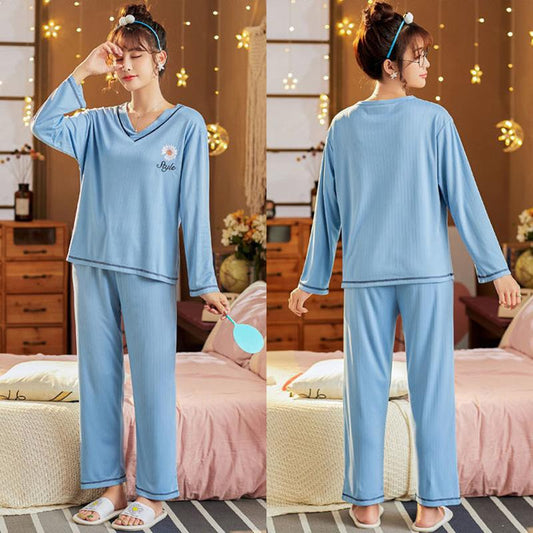 Women's Long-sleeved Pajamas Set Daisy Print V-neck Home Wear Suit Spring Sweet Casual Large Size Loose Pajamas Two-piece Set