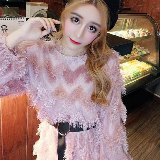 Autumn and Winter Lantern Sleeve Tunic Sweater Fringed Round Neck Dress