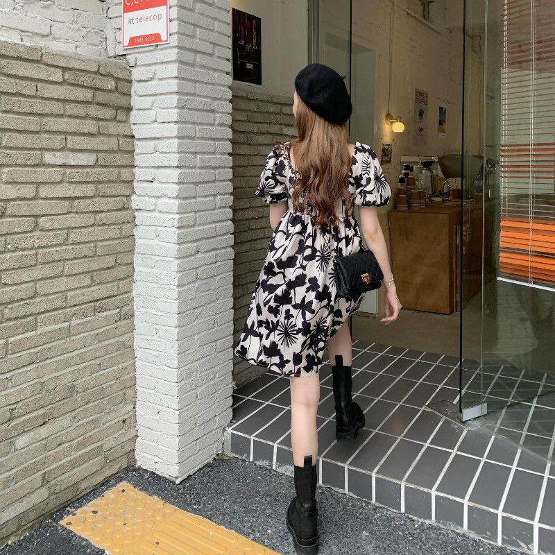 Women's Summer Elegant Open Back One Line Shoulder Show Thin Bubble Sleeve Floral Dress