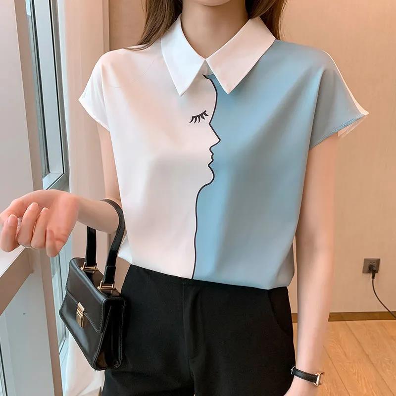 Women Summer Shirt Elegant Color Block Patchwork Printed Chiffon Shirt Female Short Sleeve Slim Thin Versatile Shirt