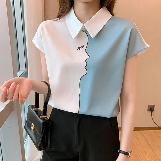 Women Summer Shirt Elegant Color Block Patchwork Printed Chiffon Shirt Female Short Sleeve Slim Thin Versatile Shirt