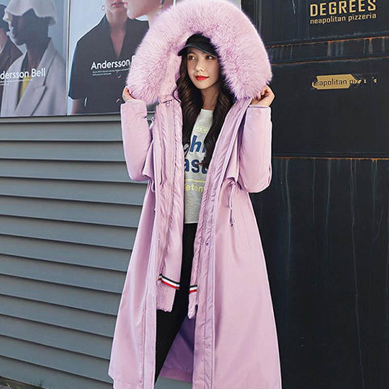 Detachable Overcoming Women's Mid-length Over-the-knee Large Fur Collar Slim-fitting Plus Velvet Padded Coat Loose One-coat Three-wear