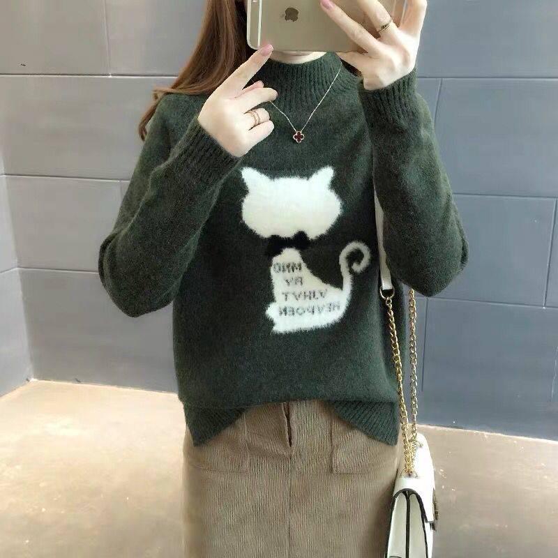 Pofulove Thickened Half Turtleneck Sweater Women's Autumn Winter Sweaters Knitted Bottoming Shirt