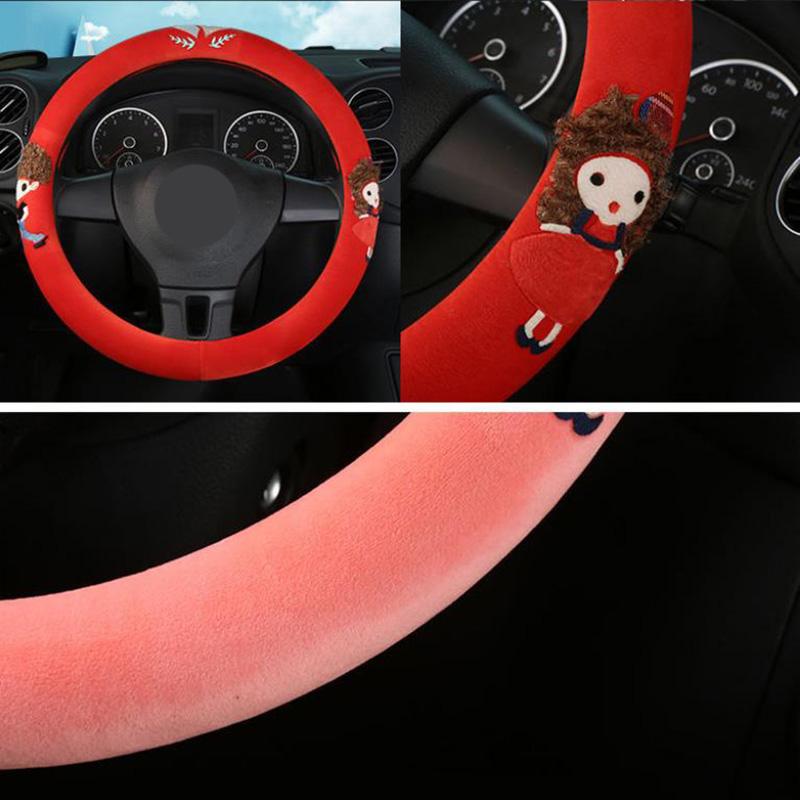 Wool Steering Wheel Cover Cartoon Doll Embroidery Steering Wheel Cover Winter Warm Car Interior