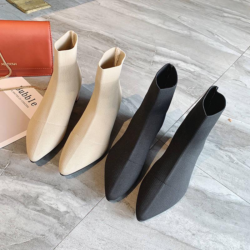 Flock Ankle Boots Women for Autumn Winter Fashion Pointed Toe Heel Woman Chelsea Boots Plus Size