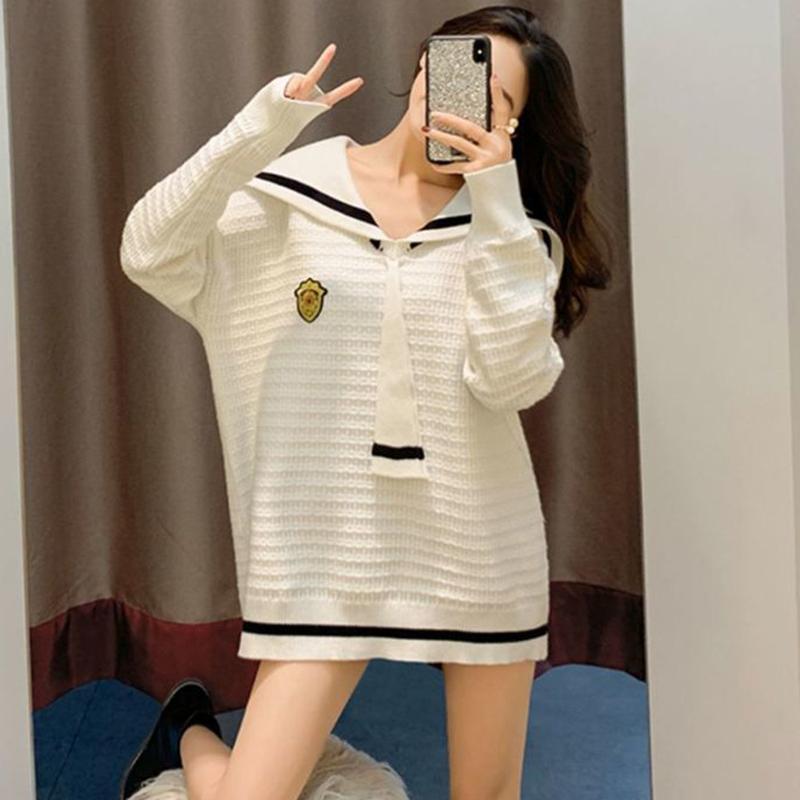 Autumn  Winter Navy Collar College Style Loose Pullover Sweater Women's Mid-length Outer Knit Jacket Jacket