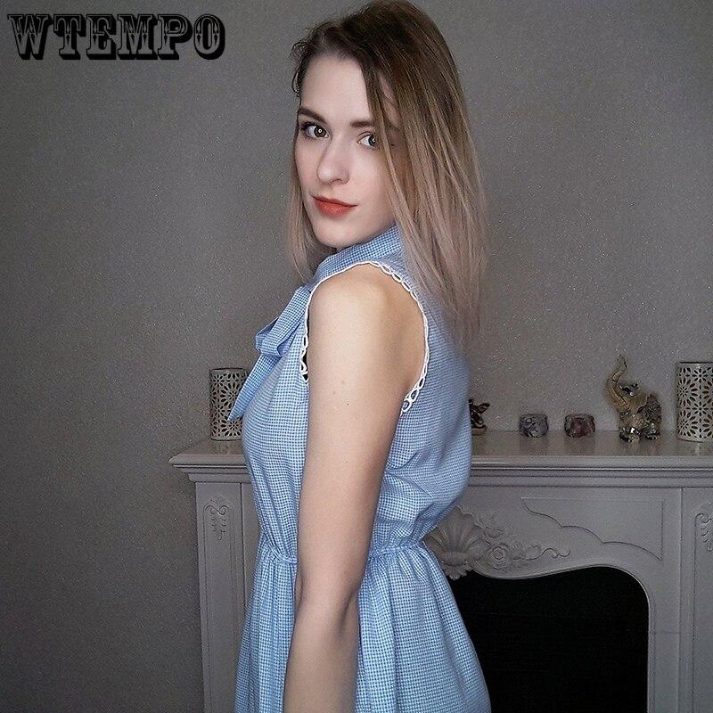 Women Summer Dresses Sleeveless Light Blue Sweet Mini Dress Bandage Collar Plaid Casual Dress Sexy Plus Size Slim Clothes