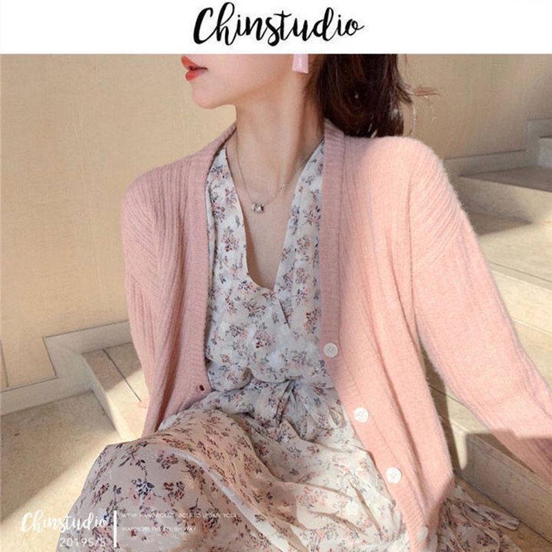 Short V-neck Cardigan Sweater Female Button Korean Style Long-sleeved Loose Striped Knitted Solid Color Coat