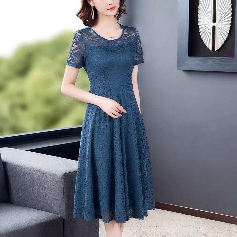Women's Short-sleeved Lace Dress Loosely Cover Belly Look Thin Spring Summer Plus Size Temperament Women's Clothing