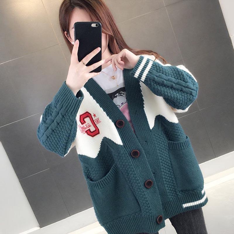 Women's Knitted Cardigan Sweater Loose Spring and Autumn Style Lazy Wind Sweater Coat