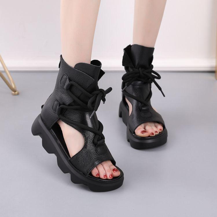 Soft Leather Women's Sandals Spring and Summer Platform Women's Shoes Fish Mouth Flat Roman High-top Sandals