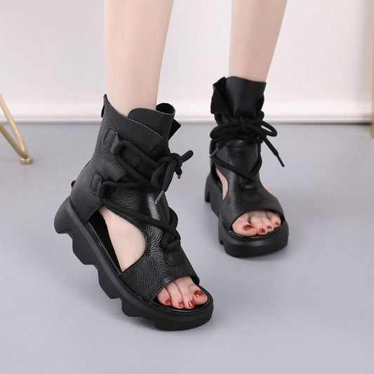 Soft Leather Women's Sandals Spring and Summer Platform Women's Shoes Fish Mouth Flat Roman High-top Sandals