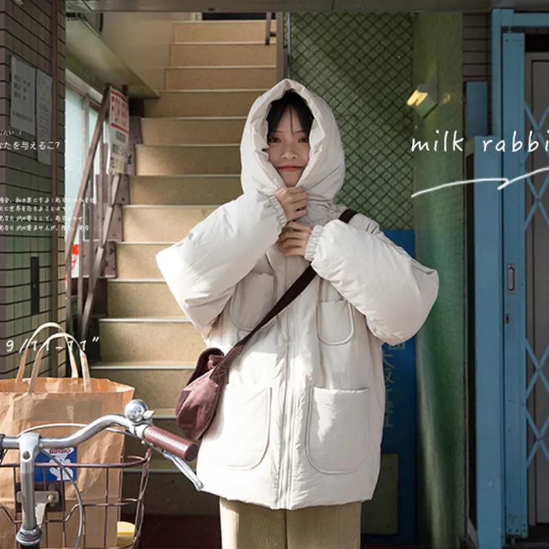 Winter Ladies Down Jacket Korean Fashion Loose Warm Hooded Thick Bread Cotton Jacket