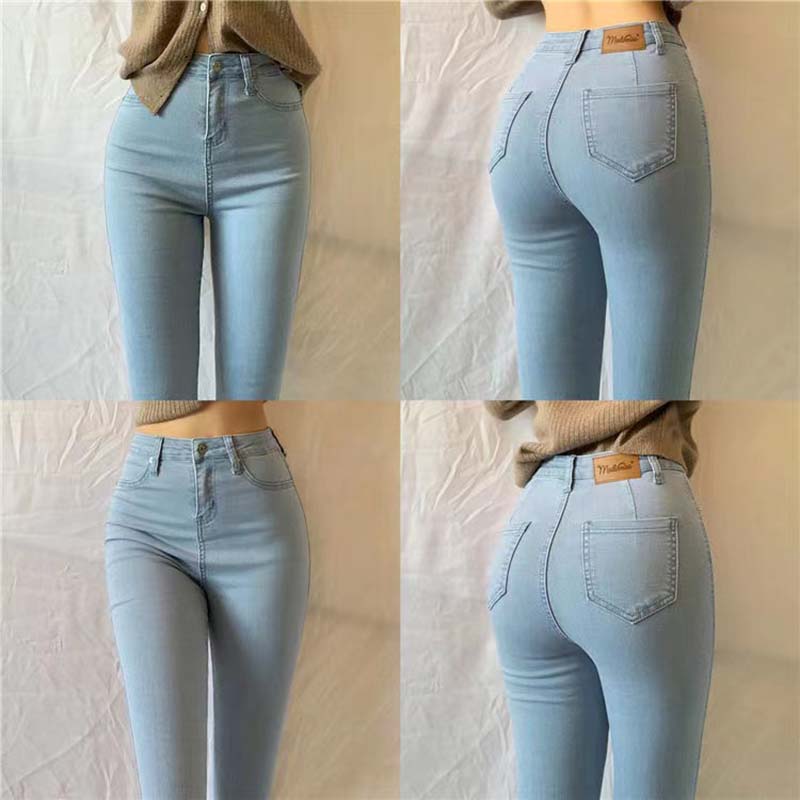 Large Size Elastic High Waist Jeans Women's Skinny Elastic Slim Denim Trousers Vintage Washed Hip Lift Pencil Denim Pants
