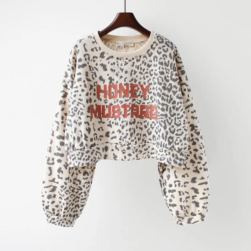 Women's Leopard Print Long Sleeve Sweater Autumn Korean Letter Print Loose Bottoming Shirt Short Round Neck Shirt