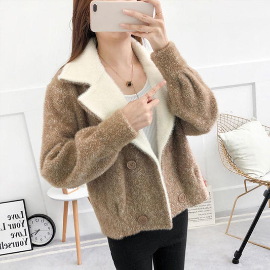 Autumn and Winter Knitted Cardigan Loose Lapel Long-sleeved Sweater Korean Fashion Thick Coat